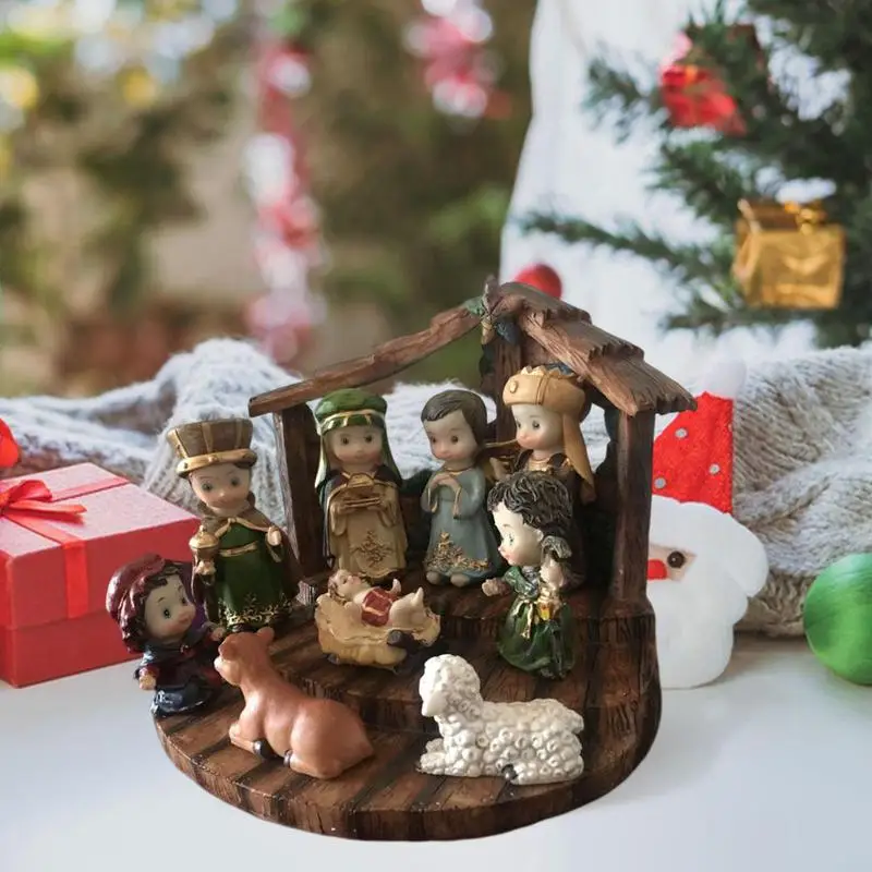 Juegos de Natividad de resina de Navidad, figuritas de escena de nacimiento de Jesús, Kit de estatuas, 10 piezas con cadena estable y ligera, decoraciones navideñas - imagen 2
