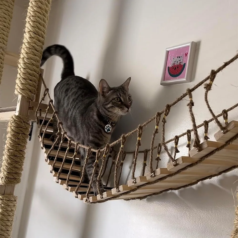 1 Meter wandmontierte Katzenkletterbrücke, Holzrahmen mit Seilnetz, Katzenmöbel für den Innenbereich zum Spielen von Kätzchen und Katzen für Erwachsene - imagen 5