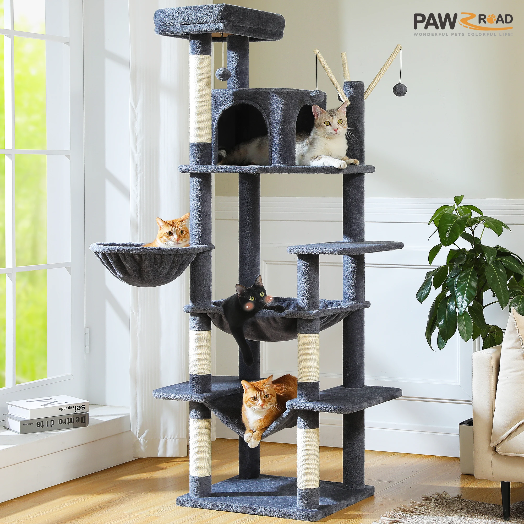 Árbol para gatos alto, torre para gatos de varios niveles con hamaca espaciosa y perchas superiores, Condo acogedor adecuado para gatos de interior, muebles para gatos, juguetes para gatos - imagen 5
