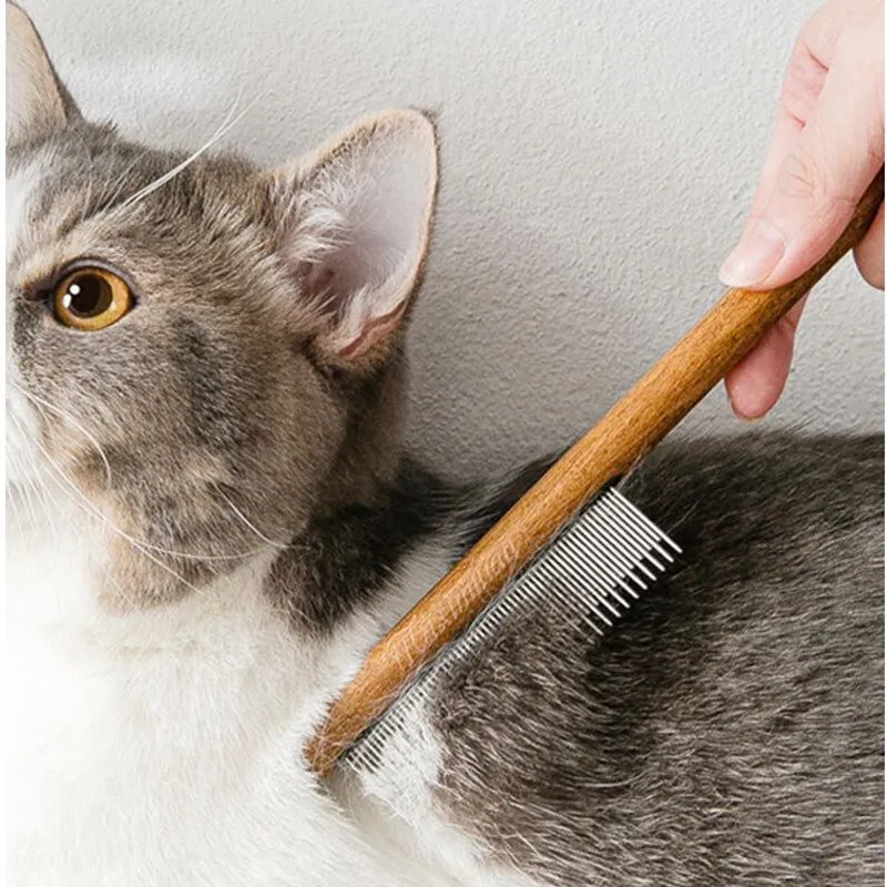 Peine de masaje para gatos, cepillo de acero inoxidable para quitar el pelo de mascotas, mango de madera, cepillo de limpieza para el aseo de mascotas - imagen 3