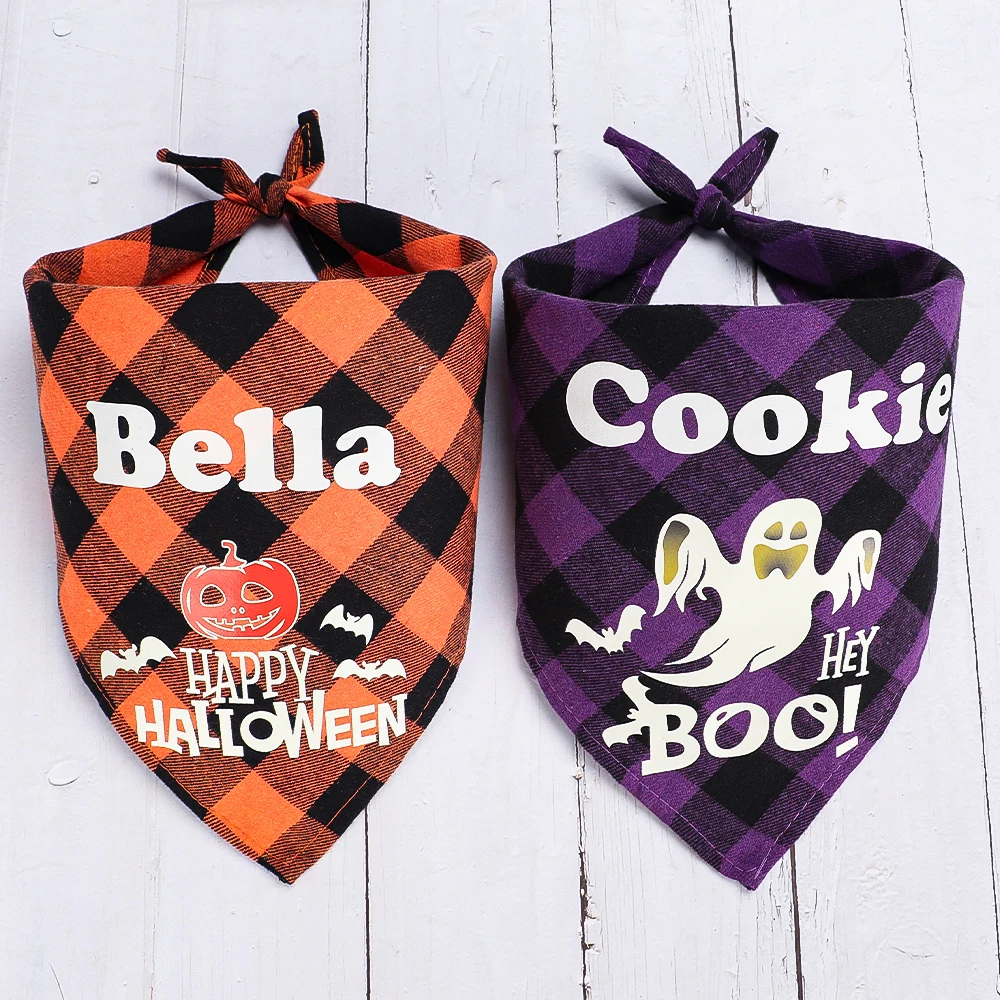 Collar Bandana para perro personalizado, pañuelos de Halloween para perro, ropa con patrón de calabaza fantasma luminoso para Halloween, perros pequeños, medianos y grandes - imagen 2