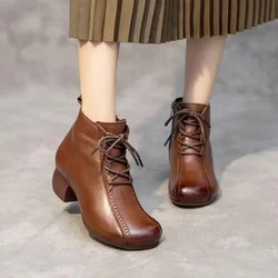 Botines Retro con forro polar para mujer – Tacón medio, primavera y otoño