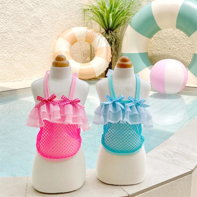 Camiseta sin mangas de malla para mascotas, bonito traje de baño de primavera, oso de peluche, camiseta sin mangas transpirable para perros pequeños + sombreros, ropa para cachorros - imagen 2