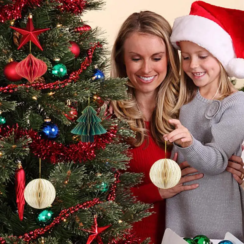 Farol de papel para decoración navideña, colgante de panal rojo y blanco, 3 piezas, bonito árbol de Navidad para niños - imagen 4