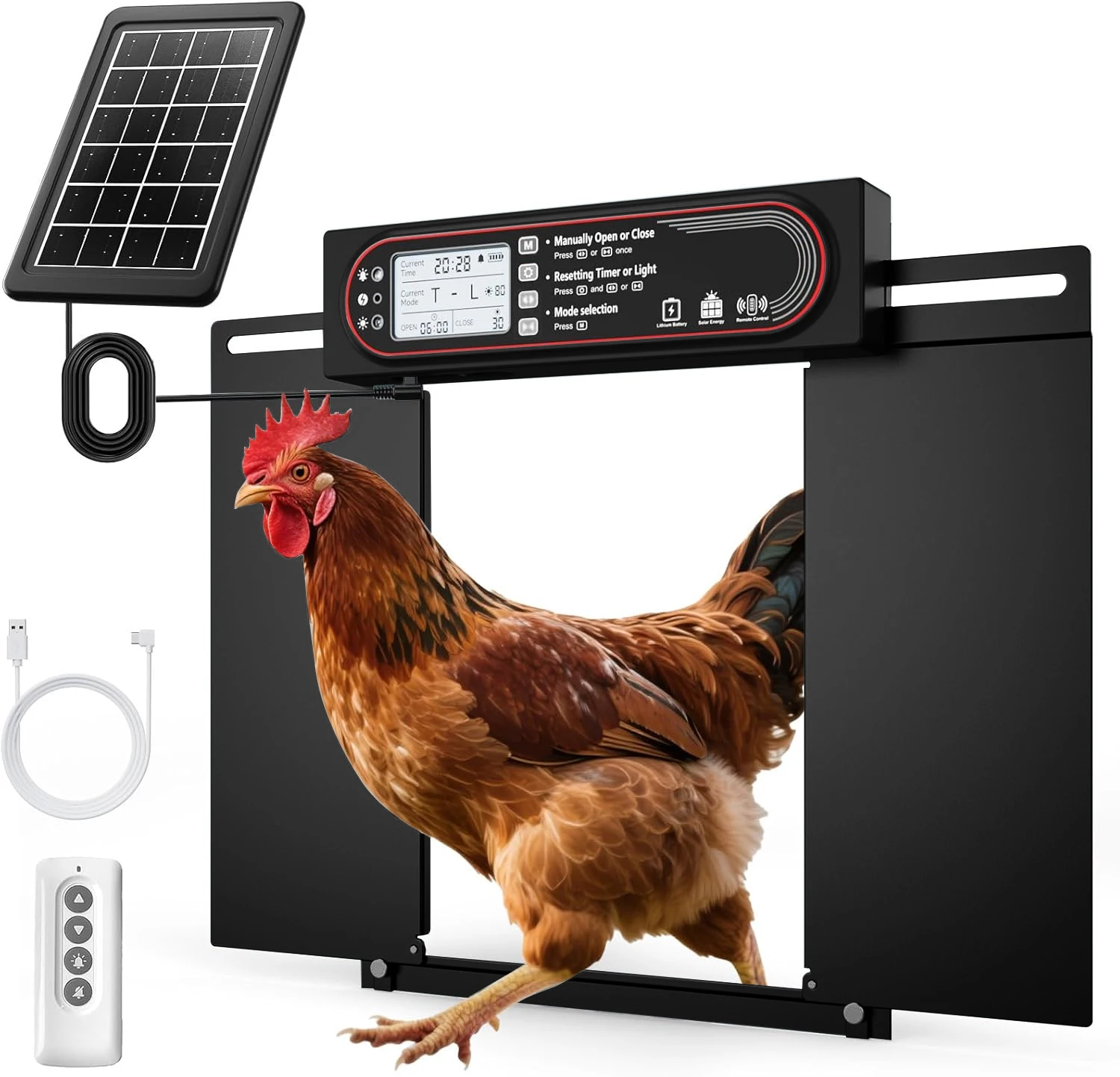 Puerta automatica para gallinero solar antipinzamiento y sensor de luz