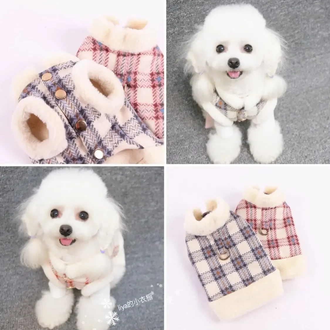 Abrigo de felpa a cuadros para otoño e invierno para mascotas, cálido invierno con lana gruesa, chaleco de lana de cordero, chaleco de tracción para perros de peluche y gatos Pomerania - imagen 3