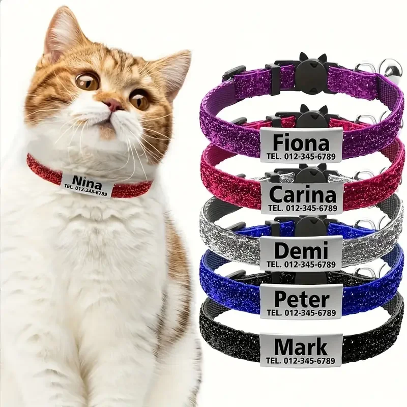 Collar con hebilla de seguridad para gatos con purpurina, ajustable, personalizado, sin identificación, grabado, Collar de nailon para cachorros y gatitos