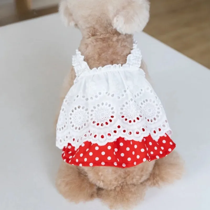 Ropa de lunares rojos para mascotas, vestidos de verano para cachorros, falda con tirantes huecos, falda plegable para perros, falda con lazo de peluche para perros pequeños, chaleco fino de princesa a la moda - imagen 4