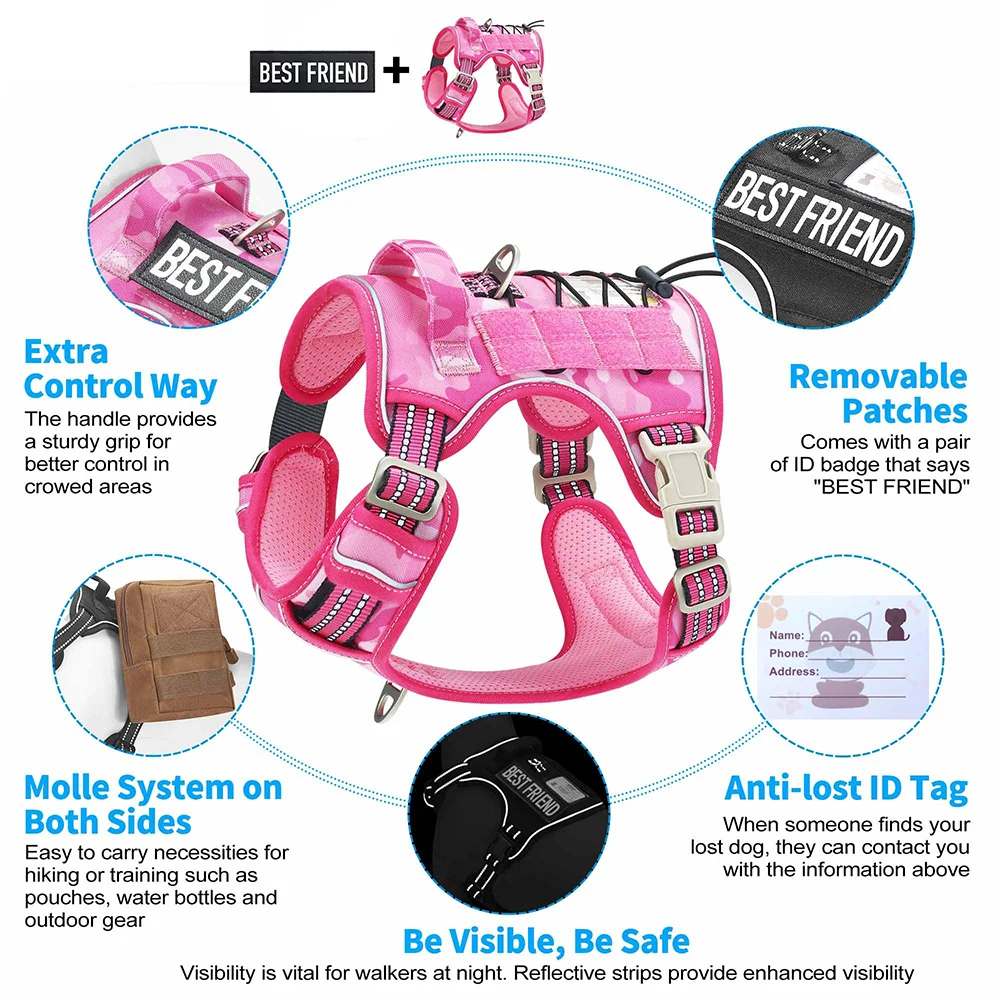Arnés para perros rosa, chaleco táctico reflectante rosa para perros medianos y grandes, duradero, resistente al agua para mascotas, entrenamiento para caminar al aire libre, caza - imagen 3