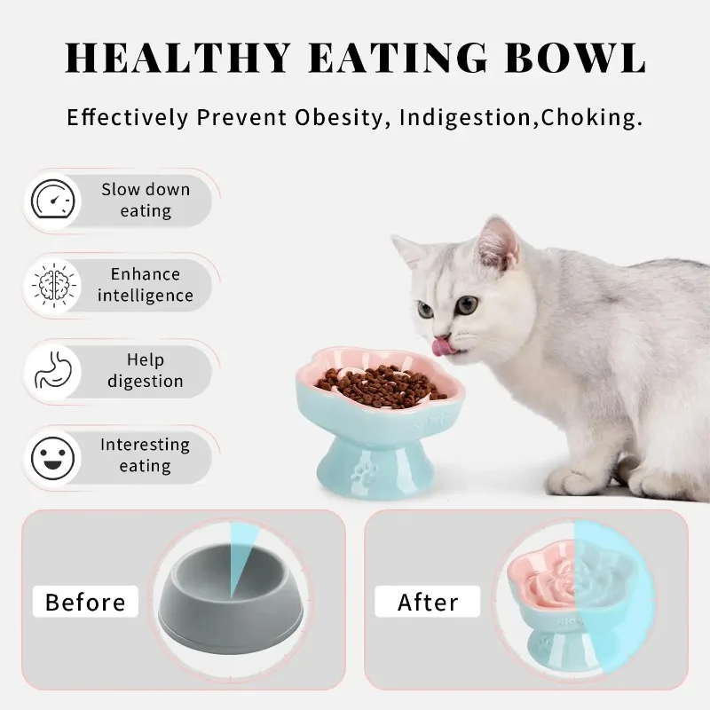 Cuenco elevado para gatos de comida lenta, cuenco de comida de vidrio elevado y título de cerámica para perros pequeños Lento para húmedo y seco - imagen 3