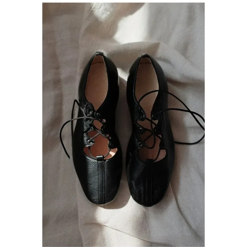 Zapatos planos bajos de Ballet, zapatos informales suaves para ir al trabajo, zapatos planos Retro con cordones cruzados para primavera y otoño 2025, Mary Jane