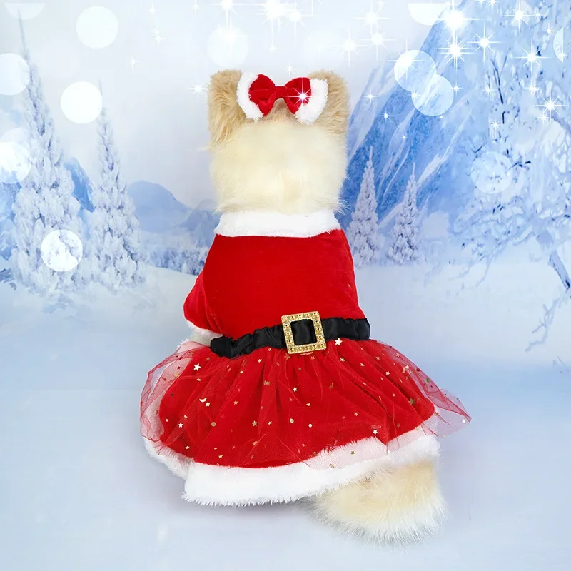 Perros pequeños y medianos Vestido navideño de malla roja para perros con tocado de lazo, traje festivo para - imagen 2