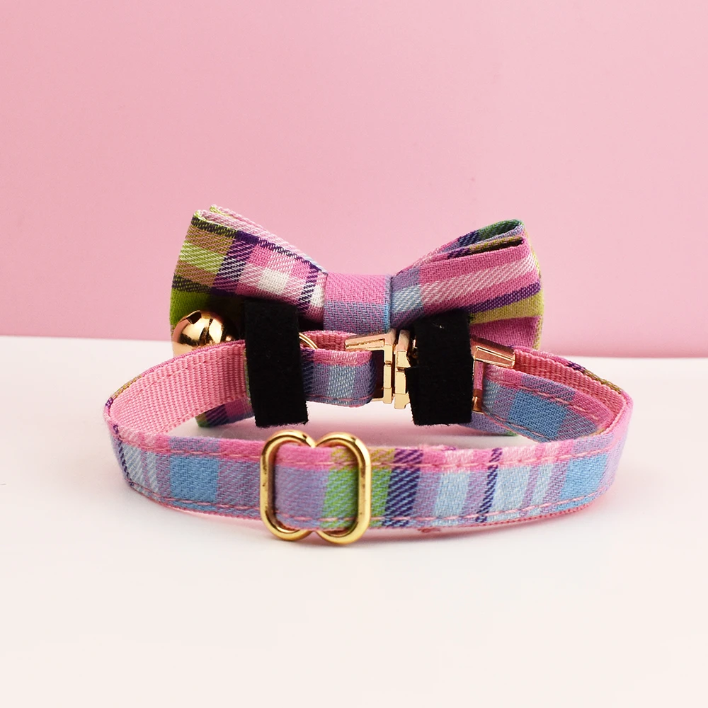 Collar de gato con patrón a cuadros, Collar personalizado de seguridad ajustable con lazo para mascotas, Collar suave con nombre personalizado