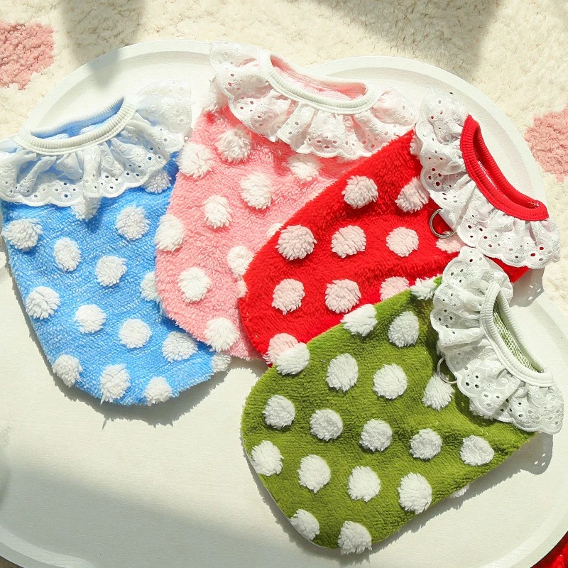 Sudadera con encaje hueco para perro, ropa de invierno de terciopelo con puntos blancos para Bulldog Francés, chaleco para cachorro de Año Nuevo, monos medianos y grandes - imagen 2