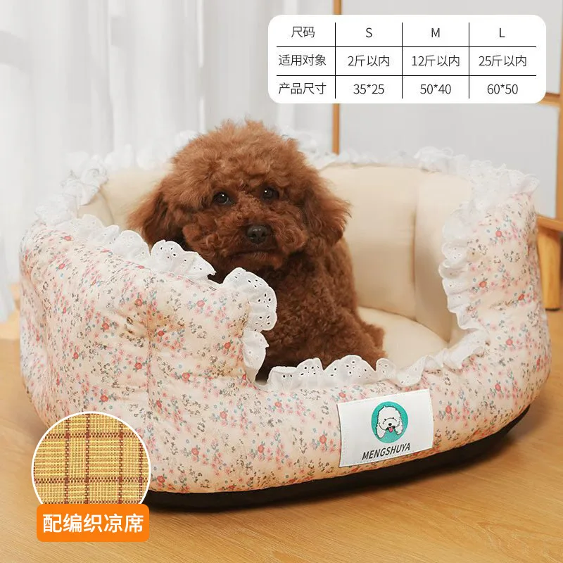 Nido de gato de encaje estampado Universal para las cuatro estaciones, perrera semicerrada, suministros para mascotas, verano, otoño e invierno - imagen 5