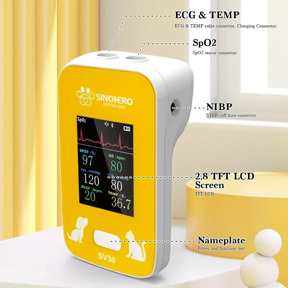 Monitor veterinario portátil 6 en 1 para mascotas, Monitor de signos vitales multiparámicos SpO2 HR Temp ECG RR NIBP, monitoreo con aplicación Bluetooth - imagen 5