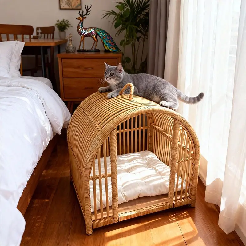 Cama semicerrada de ratán con cojín para gatos y perros pequeños - imagen 4