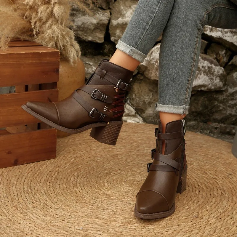 Botas con punta redonda y cremallera para mujer, zapatos de tacón alto para mujer, Stiletto de diseñador de lujo, moda Rock, tela aterciopelada de goma de gran tamaño - imagen 3