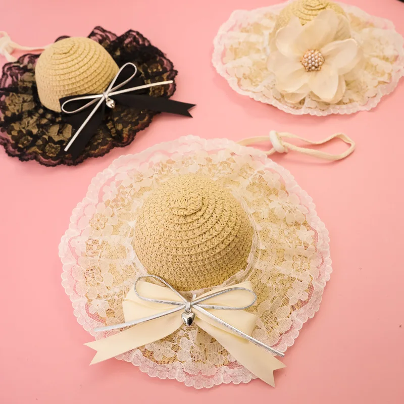 Sombrero de paja con perlas de encaje para mascotas, sombrero tejido para gatos, decoración, sombrilla, sombrero con lazo, accesorios para perros pequeños
