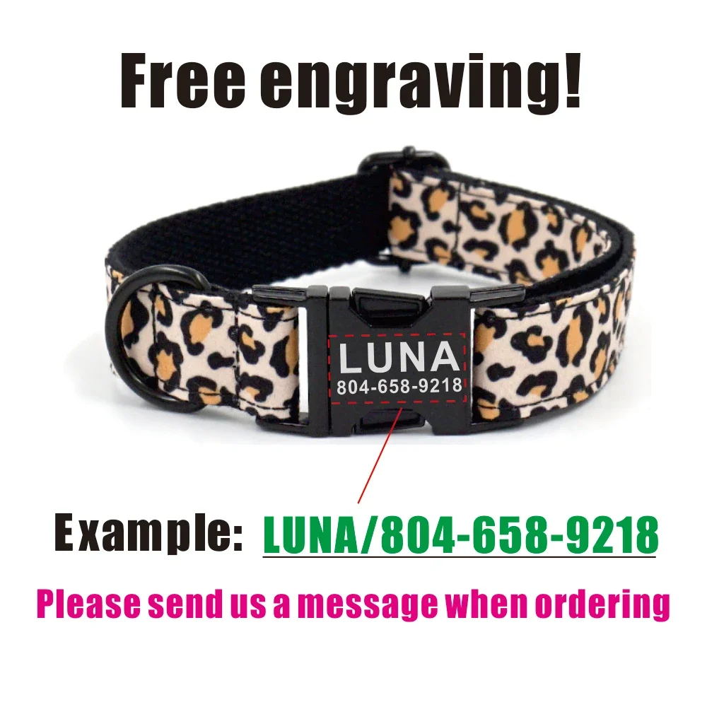 Collar de perro personalizado, placa con nombre para cachorro, etiqueta de identificación, hebilla negra ajustable, estampado de leopardo, collares básicos para mascotas, correa de plomo - imagen 4