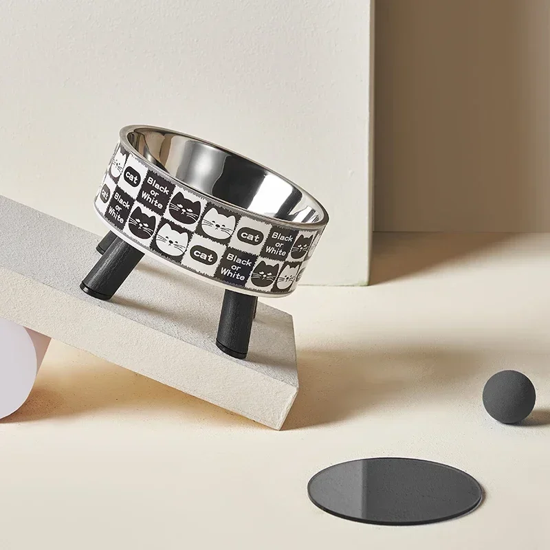 Boca de alimentación, cuenco negro, pie retro para gato, una pieza alta de dibujos animados, sin cuello de acero, cuenco alto de acero inoxidable para mascotas, cuenco de protección, cuello de agua - imagen 5