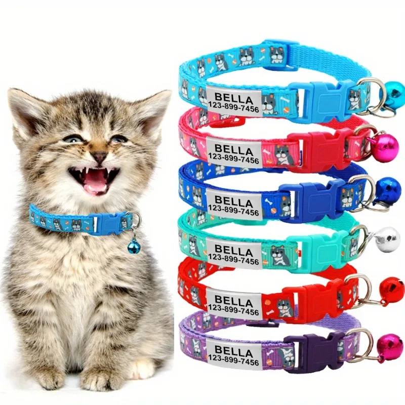 Collar de gato con identificación personalizada, hebilla de seguridad, grabado para perros pequeños, bonito nailon ajustable para cachorros y gatitos