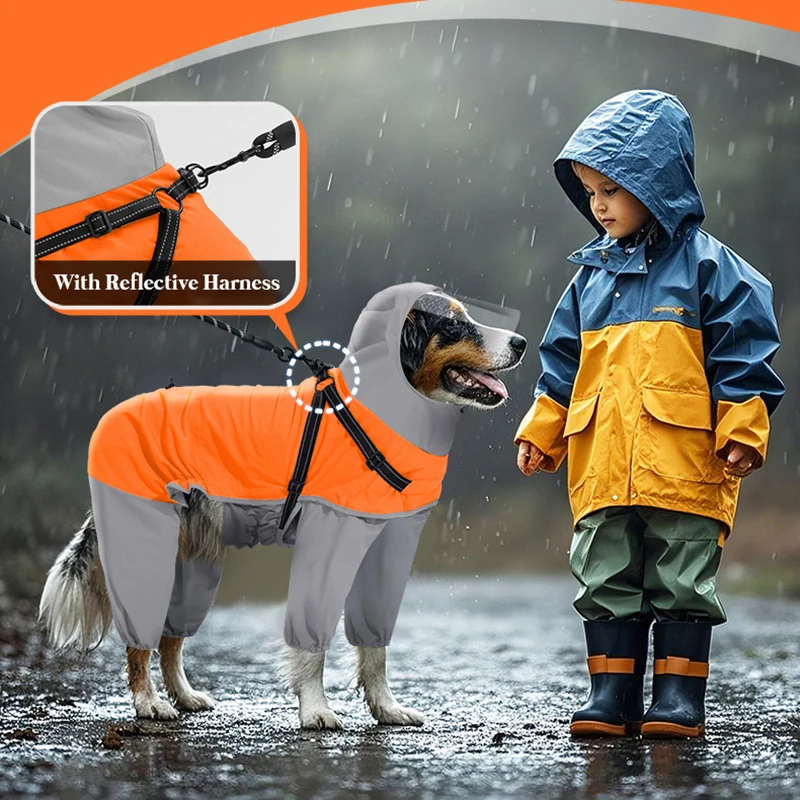 Chubasquero para perros medianos y grandes, impermeable para exteriores, chaqueta de lluvia para perros con arnés, traje de lluvia reflectante de cuerpo completo, ala Visible - imagen 5