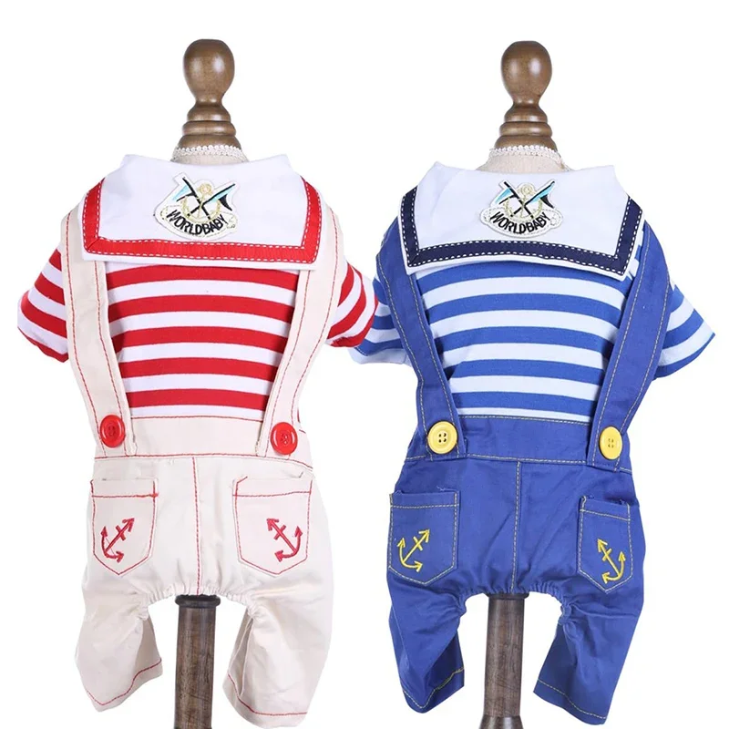 Disfraz de marinero de Halloween, mono para perros pequeños, camisa a rayas para cachorros con pantalones, monos, trajes de ancla, ropa de otoño - imagen 2