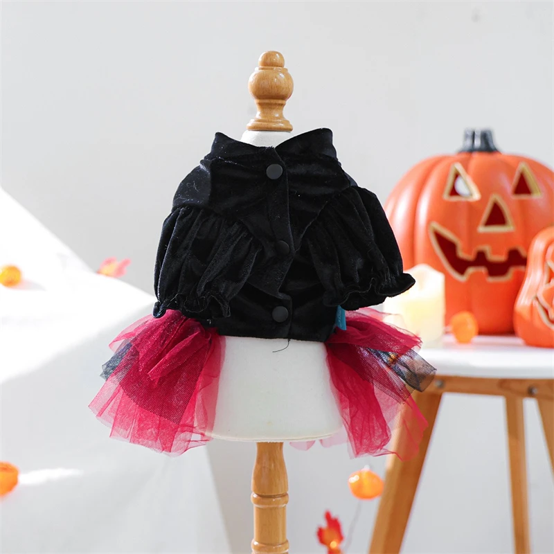 Gothic Halloween Skull Dresses for Girl Dog Layered Veils Red Pet Kitten One Piece Cosplay Pirate Festival Party York Dog Skirt - imagen 2
