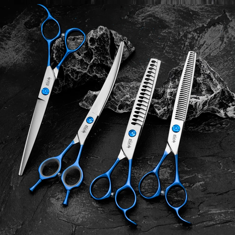 Tijeras profesionales de peluquería con mango azul, herramientas de aseo para mascotas con logotipo personalizable, tijeras para dientes de perros - imagen 5