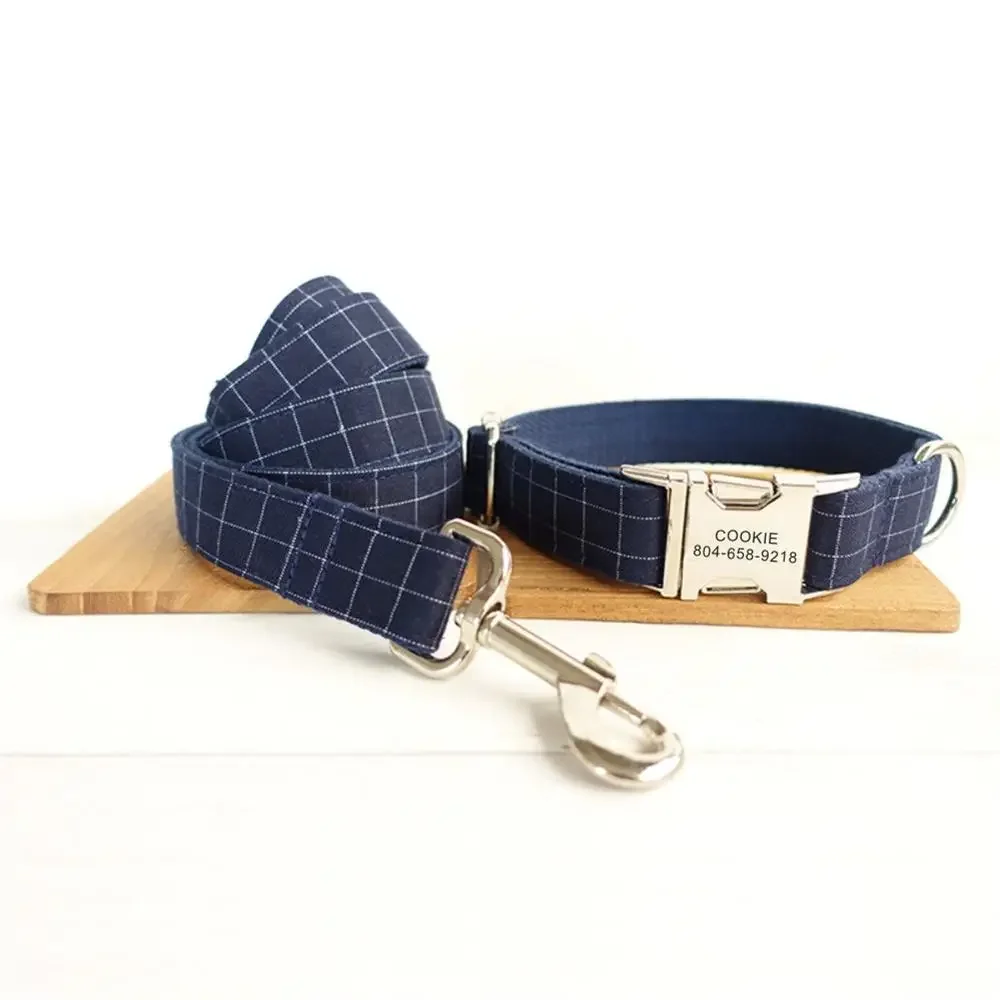 Collar personalizado para mascotas, placa de identificación, correa de plomo, ajustable, azul
