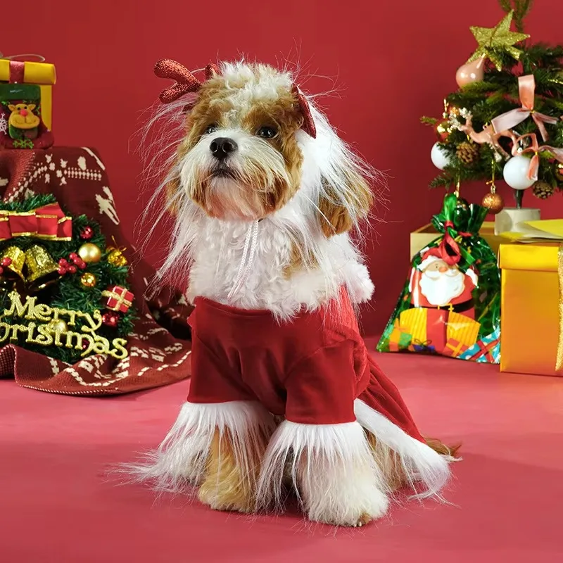 Traje cálido de invierno de terciopelo para mascotas, conjunto de disfraz de perro de Papá Noel S-XL con barba y vestido de reno, - imagen 5