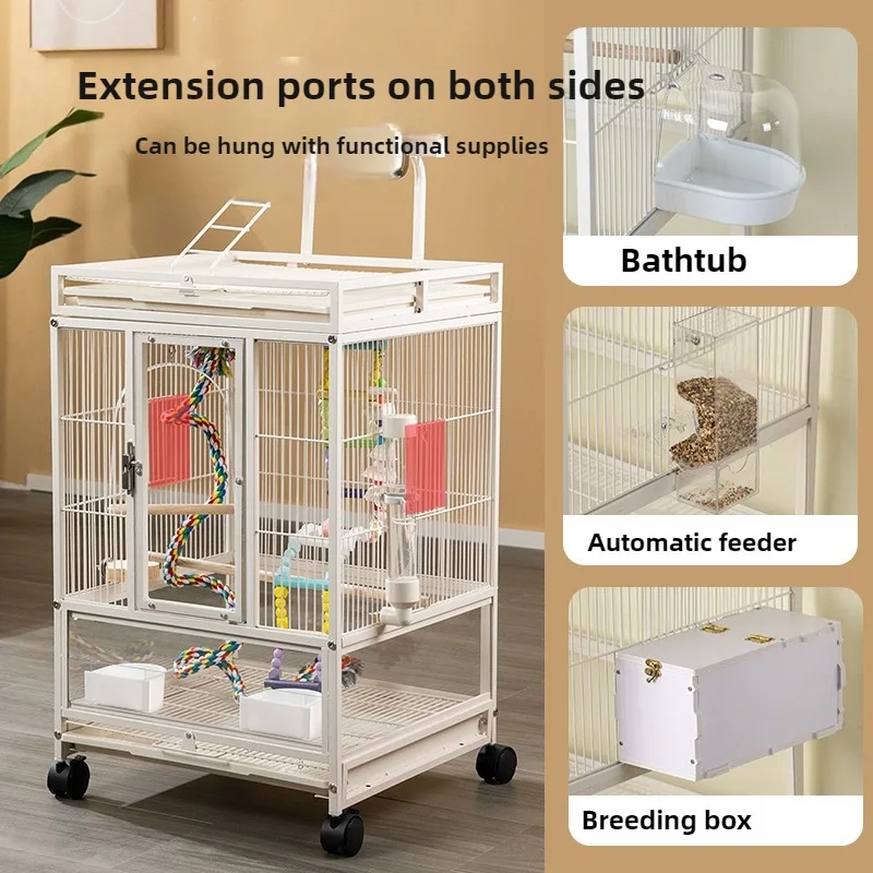 Jaula de Metal para loros y pájaros con ruedas, villas grandes para el hogar, suministros de alimentación multifuncionales fáciles de limpiar, accesorios - imagen 2