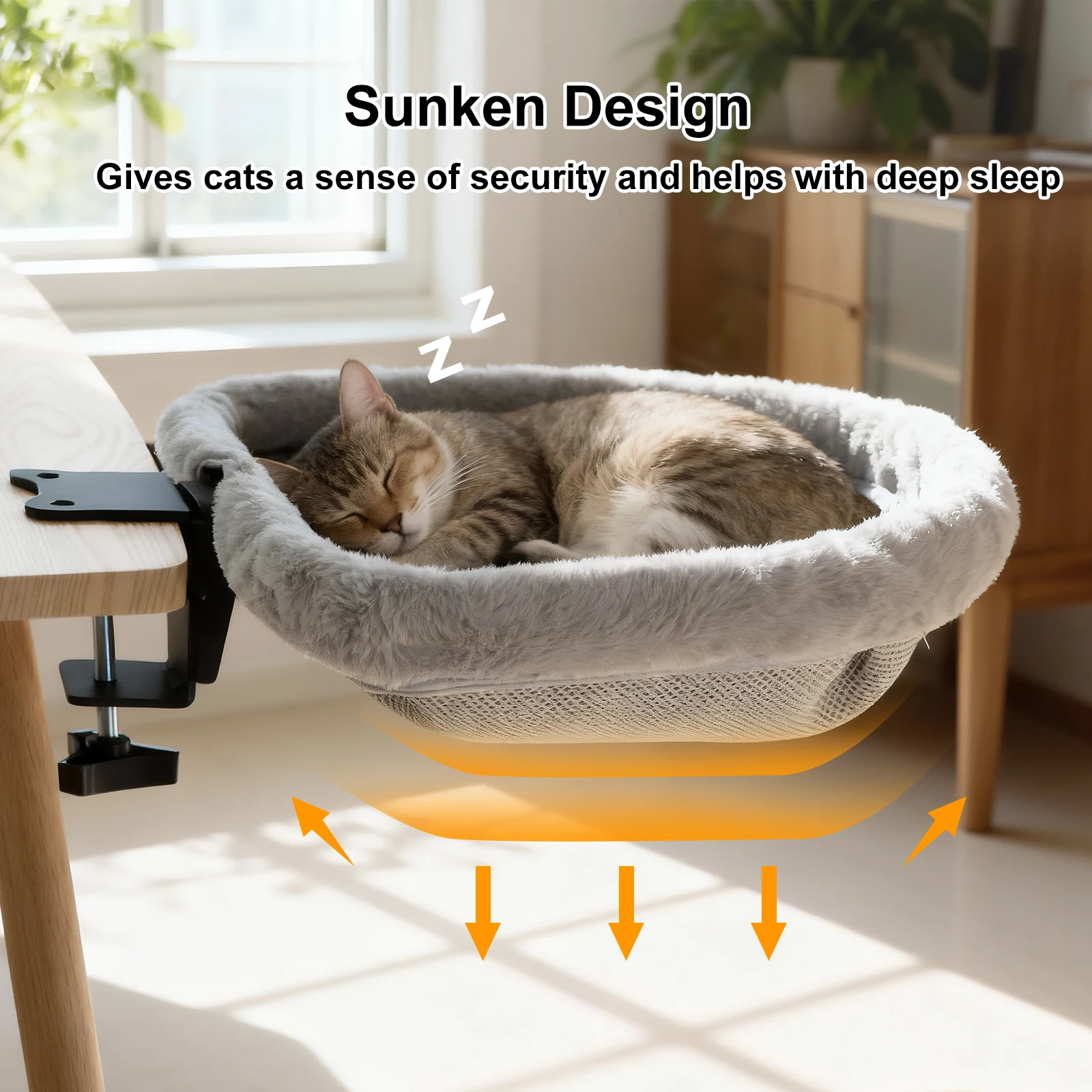 Cama de escritorio para gatos, diseño hundido plegable con un solo clic, Material suave de piel sintética de conejo que ahorra espacio, adecuado para varios escritorios - imagen 3
