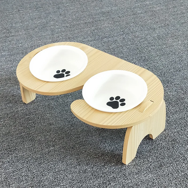 Estante de cuencos dobles de madera para mascotas, comedero para gatos de 15 ° que protege la columna Cervical, dispensador de agua multifunción para perros - imagen 4