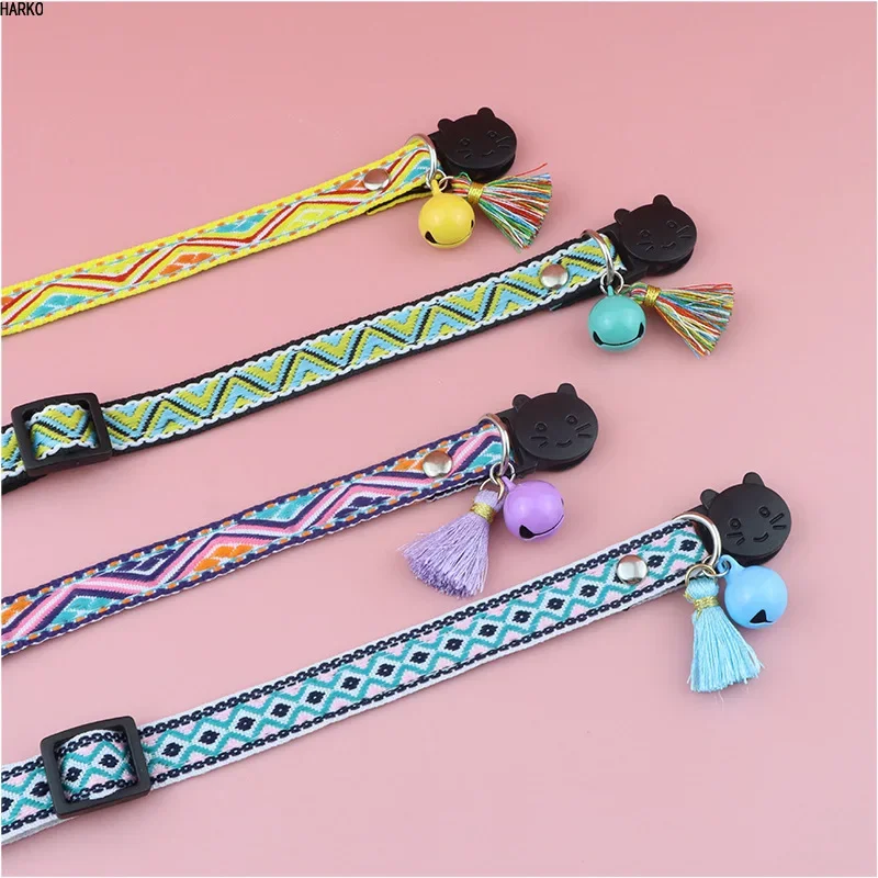 Collar para gatos con borlas y campanas, Collar ajustable adornado para mascotas, patrón de Jacquard a cuadros colorido para collares para perros y gatos - imagen 4