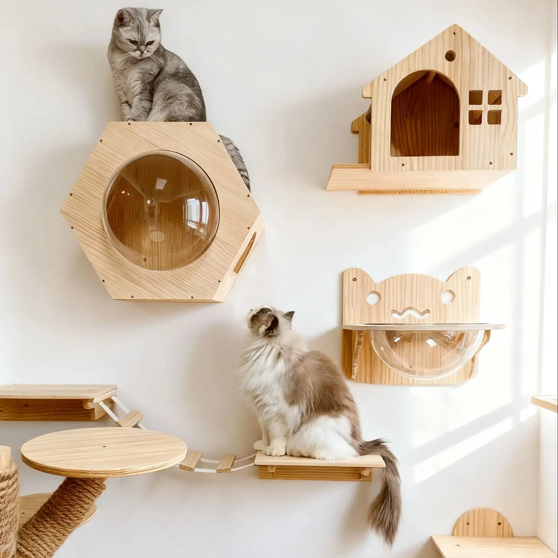 Estantes de madera para gatos, muebles para saltar, árbol trepador para gatos, poste rascador, hamaca, escaleras, juego, marco de escalada - imagen 2