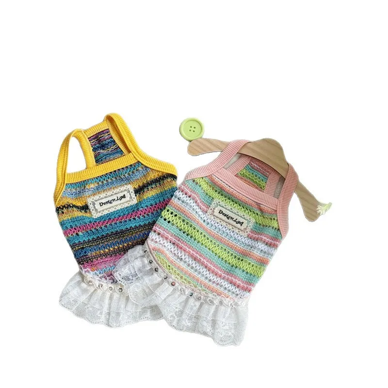 Chaleco a rayas de arcoíris para mascotas, falda con tirantes tejida hueca transpirable para gatos, vestido de encaje, vestidos para perros pequeños, primavera - imagen 5