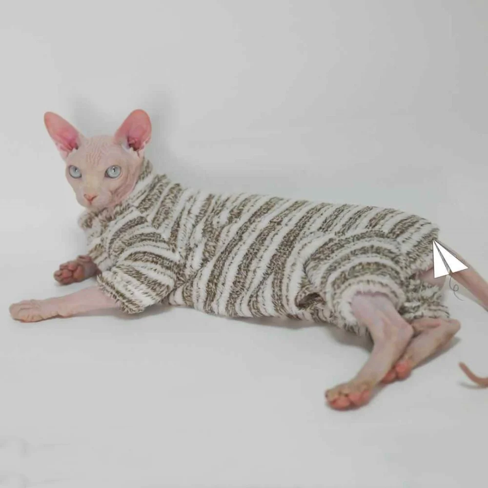 Suéter de invierno de cuello alto para gato esfinge, abrigo verde claro cálido de 4 patas para gatitos Devon Rex, ropa de descanso a rayas gruesas para otoño - imagen 5
