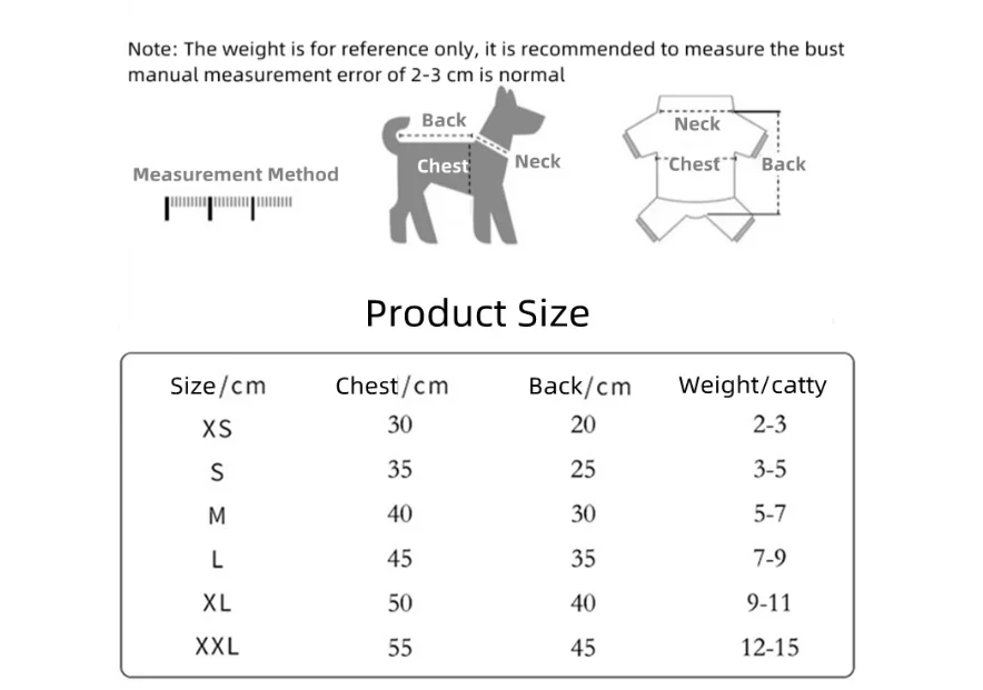 Un gráfico que muestra el tamaño y el peso del producto para un perro