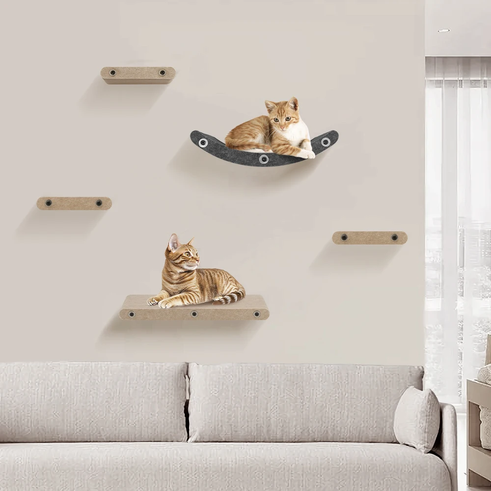 Juego de rascador de escalada fijo para gatos montado en la pared de fieltro con plataforma de salto acogedora para gatos, muebles de interior para jugar y descansar