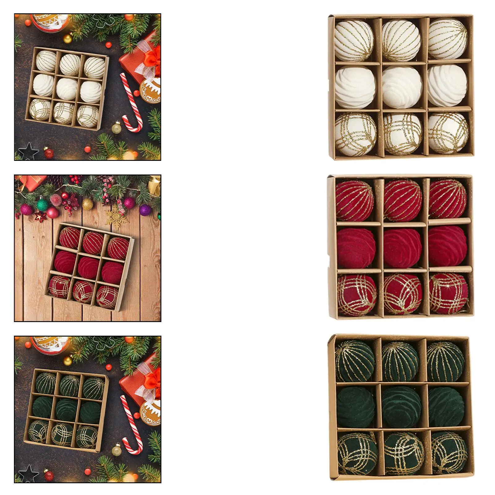 9 Uds. De bolas navideñas de terciopelo de 2,4 pulgadas, decoración multiusos ligera y resistente para manteles festivos, decoración inastillable