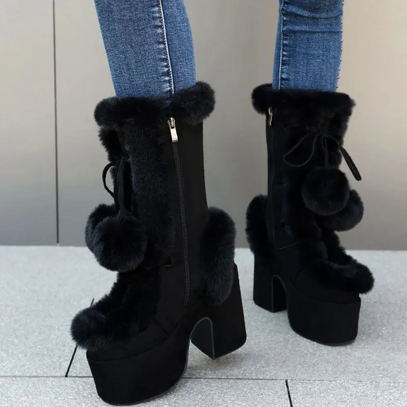 2025 invierno negro gótico talla grande 43 botas de plataforma gruesas mujeres Y2k bloque rosa tacones altos botas a media pantorrilla zapatos - imagen 3