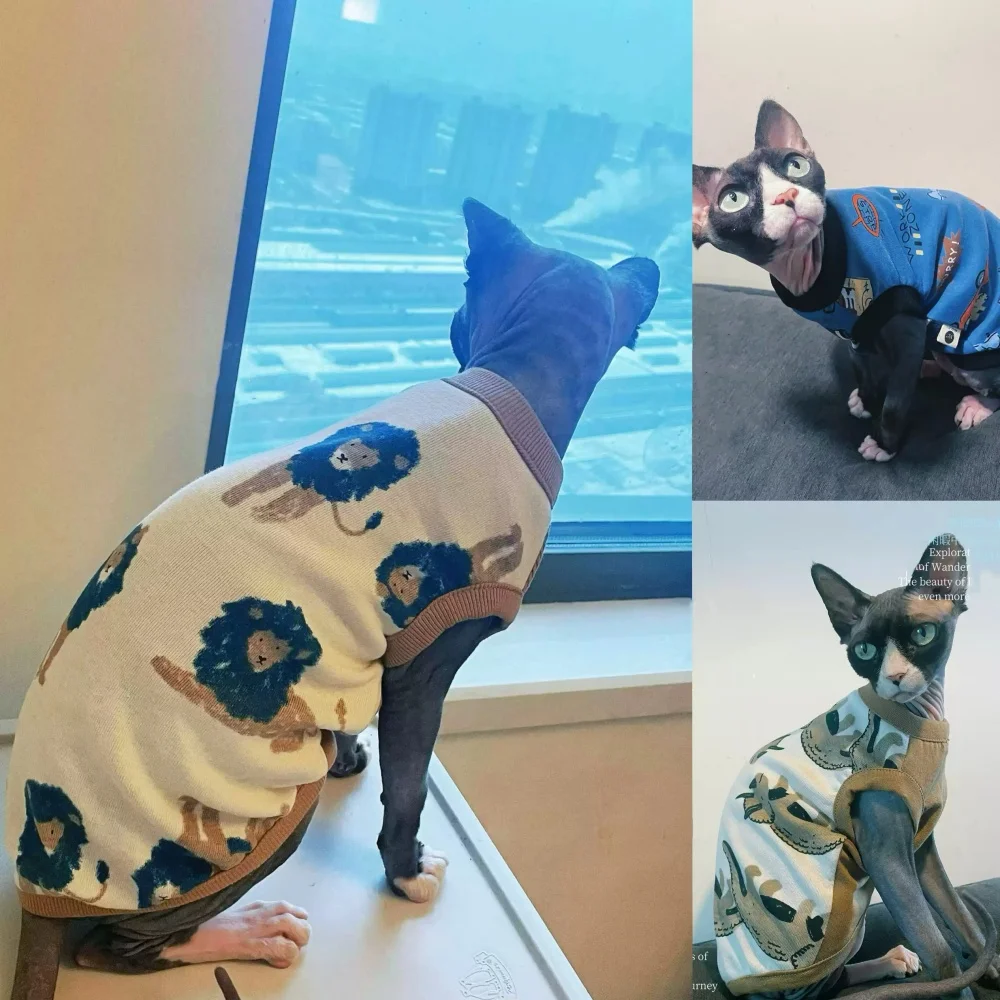 Chaleco de algodón de león de dibujos animados para Sphynix Cat Camiseta de verano beige de manga corta para Devon Rex Spring Abrigo azul suave para gatitos - imagen 2