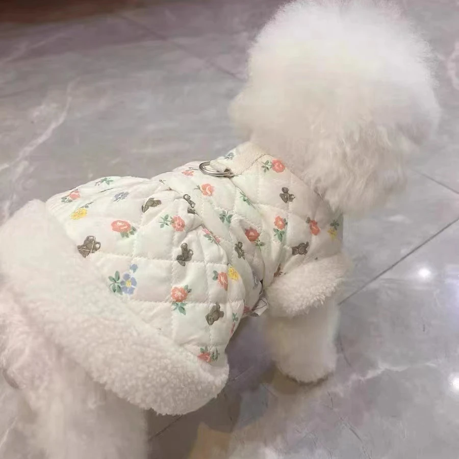 Chaleco de felpa Floral para mascotas, vestido Floral de felpa para año nuevo, oso de peluche, perro, gato, chaleco de tracción, ropa para cachorros, otoño e invierno, nuevo - imagen 5