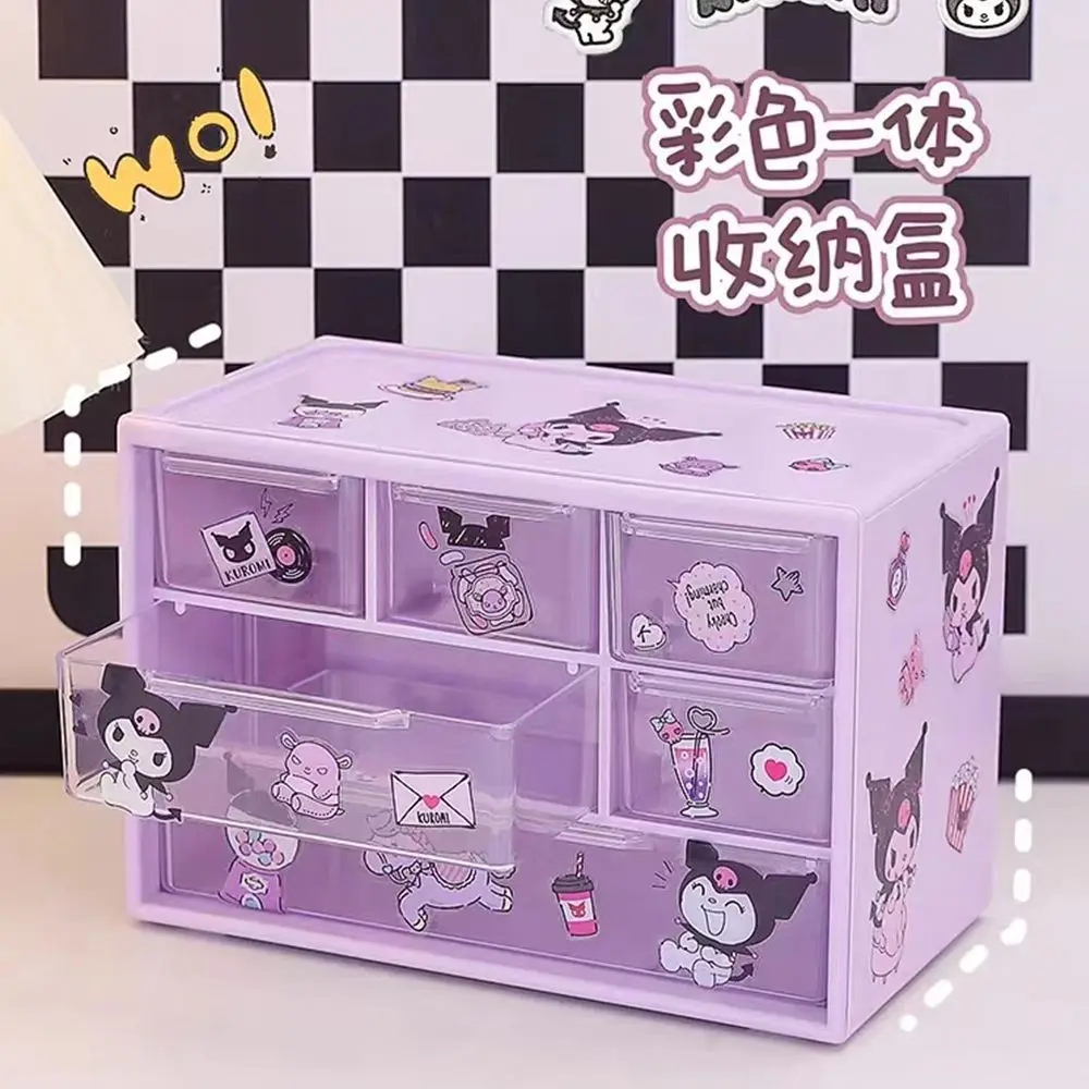Sanrio-caja de almacenamiento de 6 rejillas, organizador transparente tipo cajón de escritorio, soporte para bolígrafo, enviar pegatinas de Cinnamoroll de melodía Kuromi - imagen 4