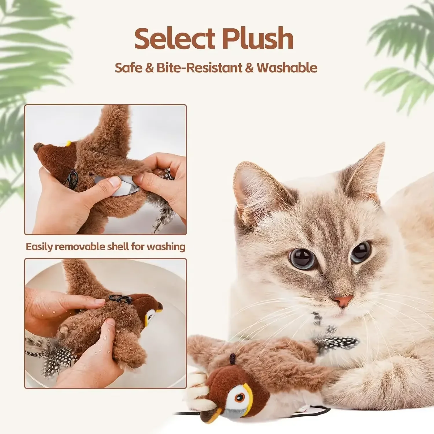Juguetes interactivos para gatos, pájaro batido recargable con hierba gatera, perros de interior, gatos, juguete de peluche con chirrido activado por tacto para mascotas - imagen 4