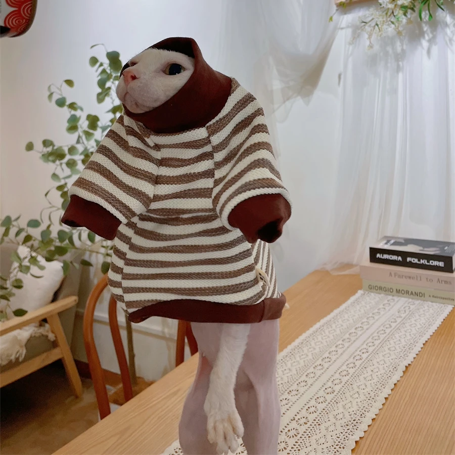 Sudadera de rayas de Cat Clothing para Sphynx Abrigo marrón suave de gato para gatitos Camisa de manga larga elestic para Devon Rex en primavera - imagen 3