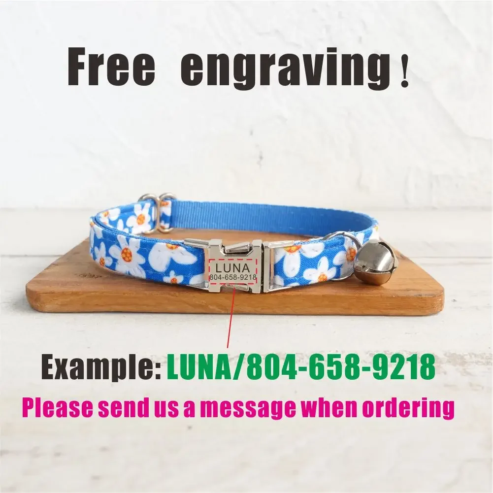 Collar de gato personalizado con grabado gratuito, correa para mascotas a juego, hebilla de Metal de contactos personalizados, Collar para mascotas con margaritas azules - imagen 4