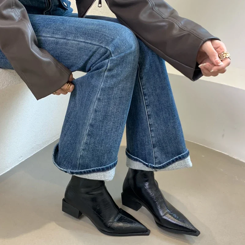 Pointed Toe Women Ankle Boots Fashion Thick Heel Slimming Short Booties Autumn Winter Soft Leather Female Shoes - imagen 5